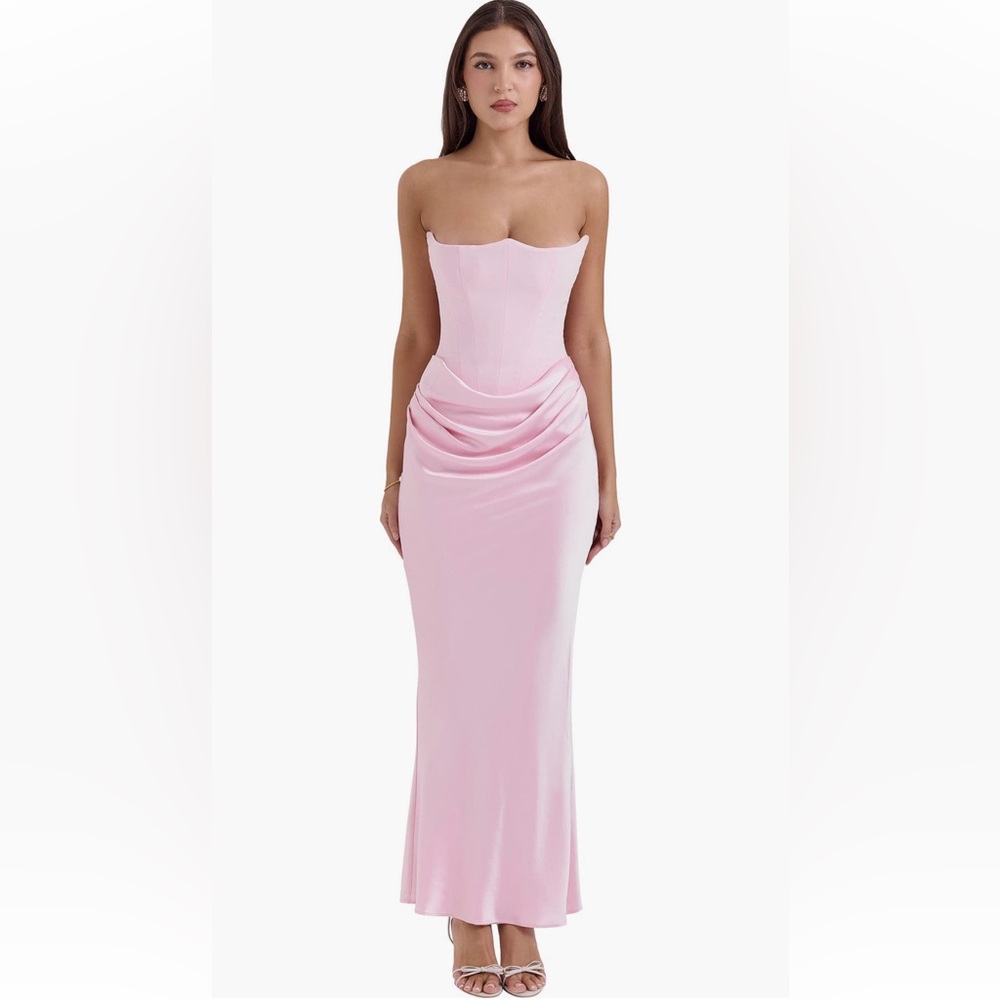 House of CB Pale Pink Strapless Draped Maxi Dress plus cup dd small s